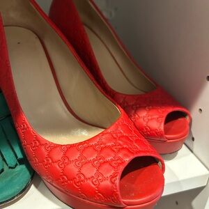 Red Peep-Toe Platform Pumps
